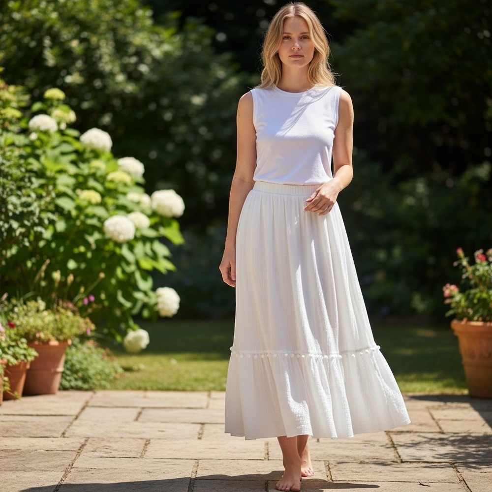 Hearts of Palm White Cotton Midi Skirt 18W Flowy Beachy Boho Pom Pom Trim